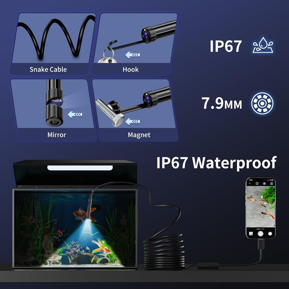 Multi-Compatible Endoscope Camera - 1920P HD Vision with 16.4ft Semi-Rigid Cable