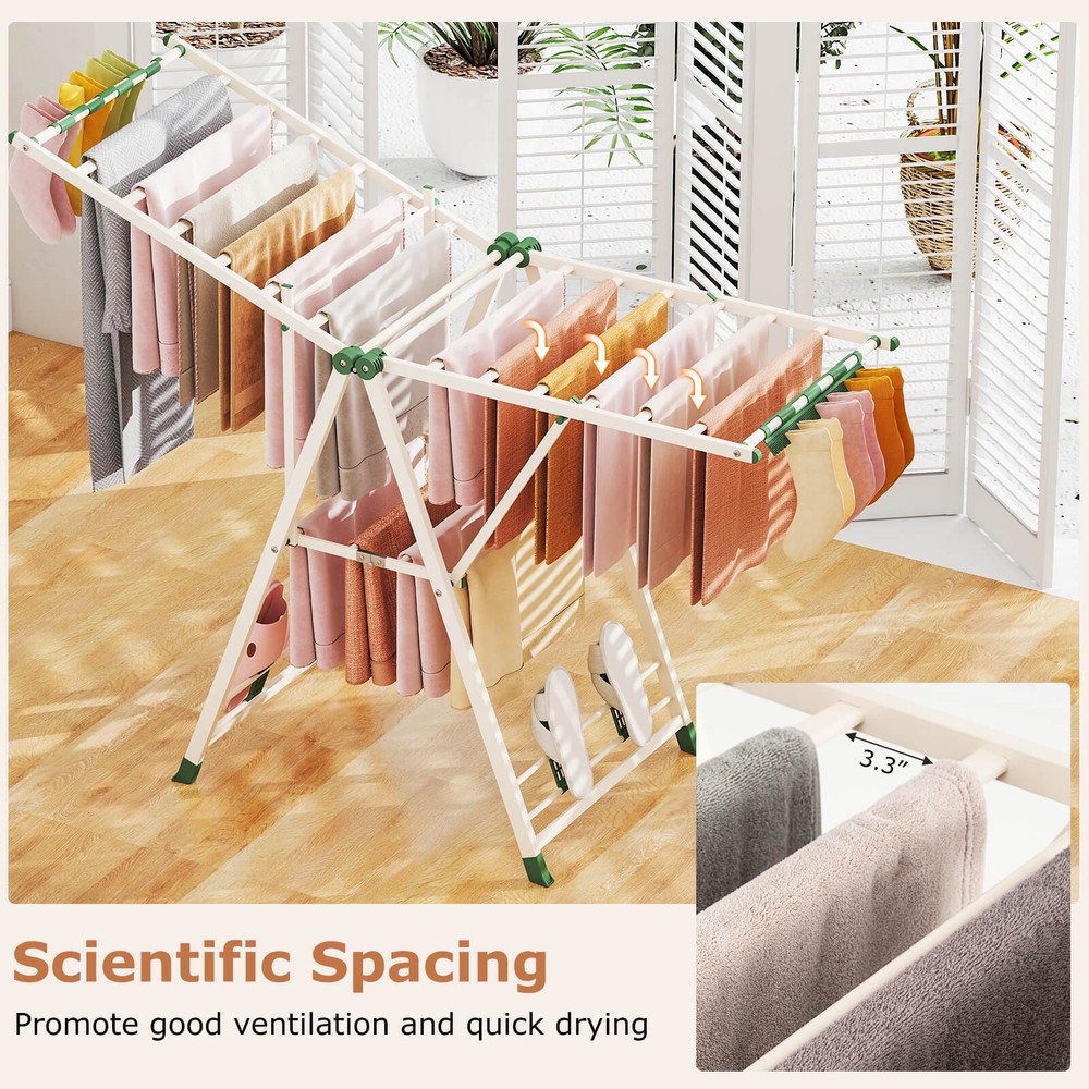 Foldable Metal Laundry Drying Rack w/Height Adjustable Wings, 18 Drying Rails