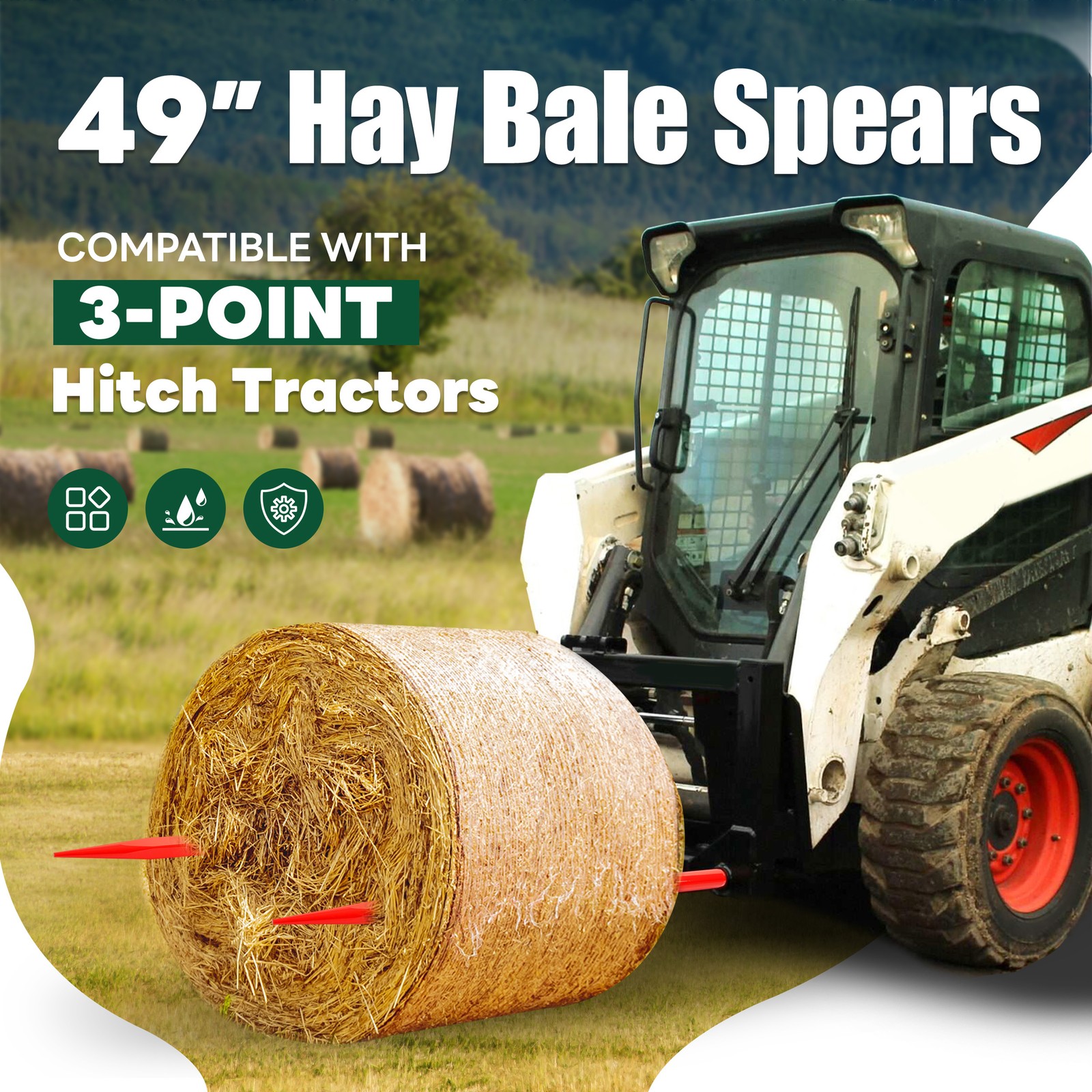 2Pcs Hay Bale Spear 49" 4500 lbs Quick Attach Spike Fork for Tractors Loaders