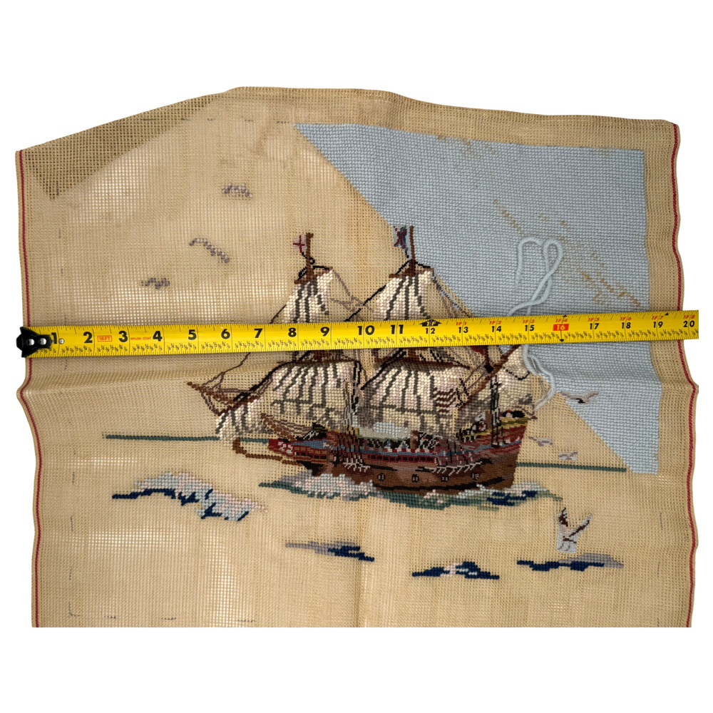 STARTED Needlepoint Canvas Panel Ship Boat Sails Nautical Ocean Seagulls Vintage