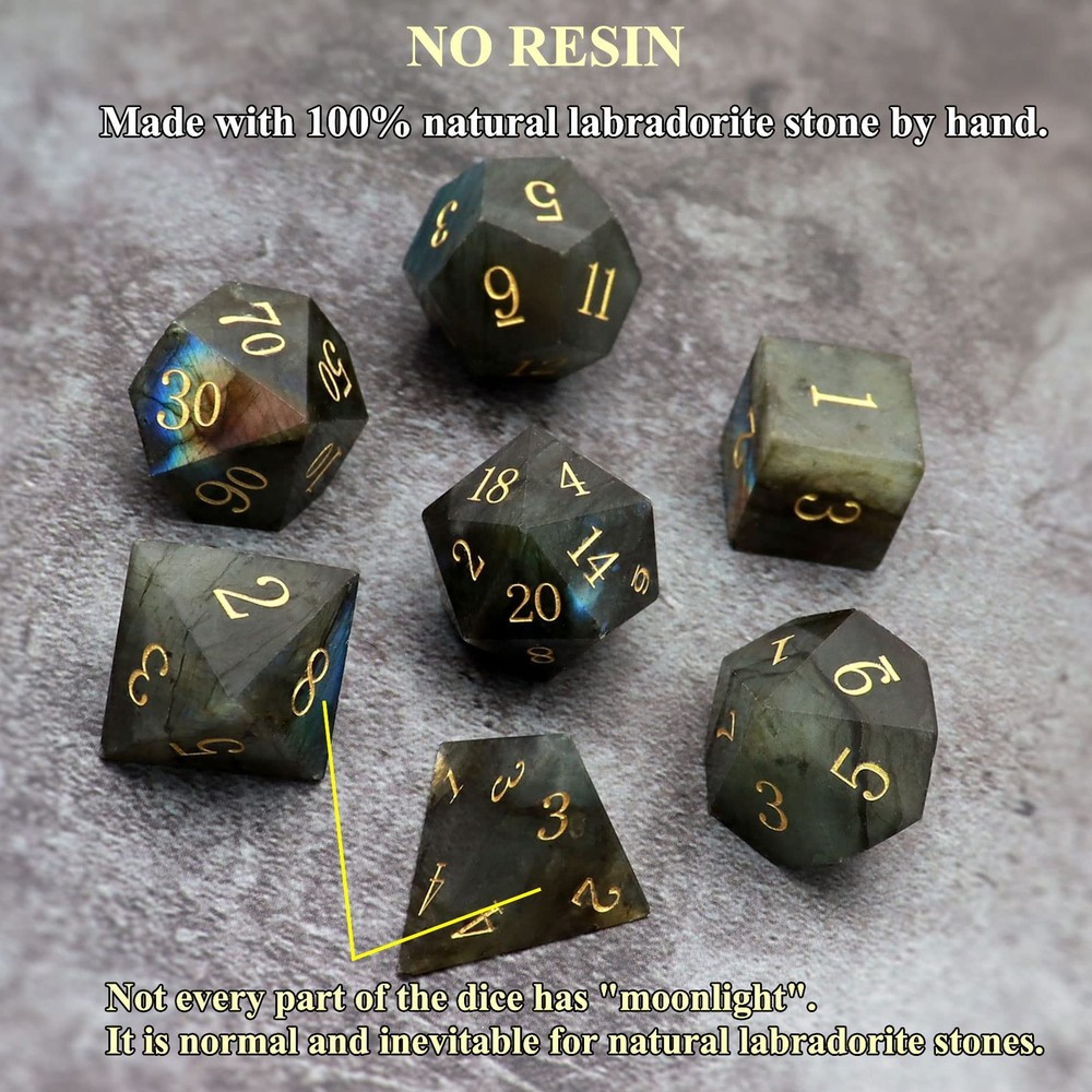 Haxtec Moonstone Dice Labradorite Gemstone Polyhedral DND Dice Set with Premi...