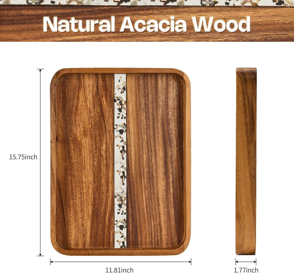 Acacia Wood Serving Tray with Handles - Rectangular Decorative Ottoman Tray for