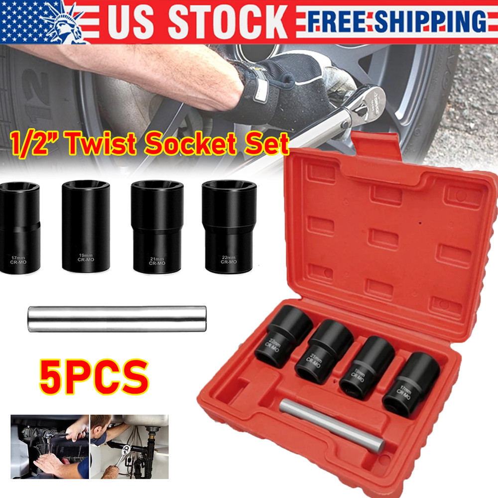 5Pc Wheel Lug Nut Remover 1/2" Drive Twist Socket Kit Remove Damaged Locked Nut