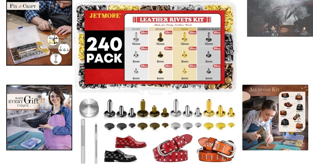 Durable 240 Set Leather Rivets in Brass - Includes Setting Tools & Storage