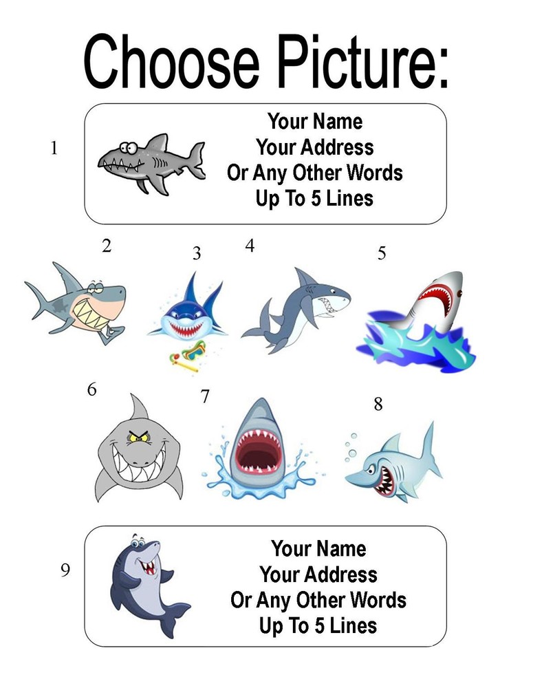 30 Cartoon Shark Personalized Address Labels