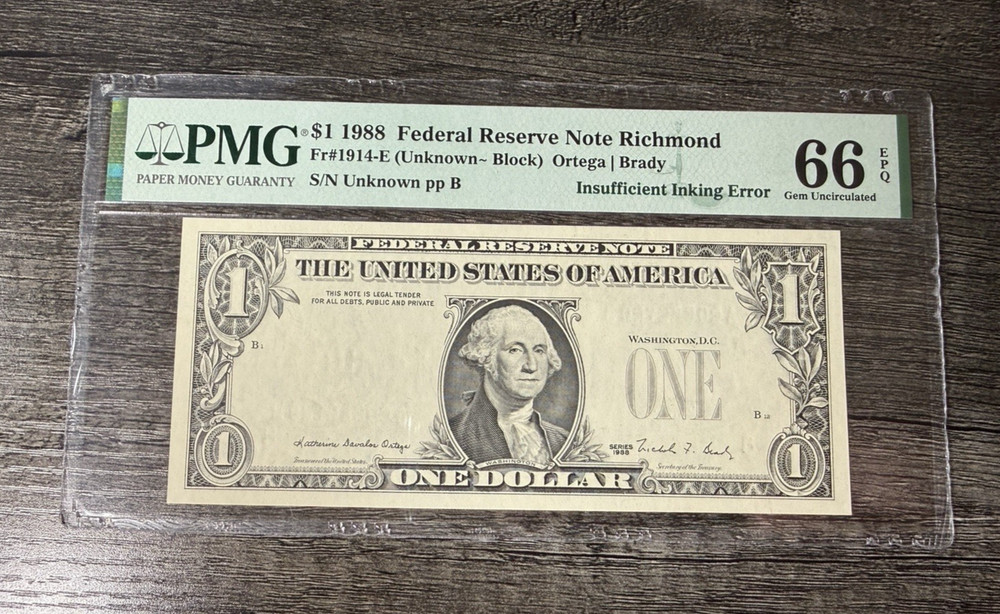 1988 $1 ERROR NOTE BILL PMG UNC 66 Insufficient Inking Error Missing 3rd Print