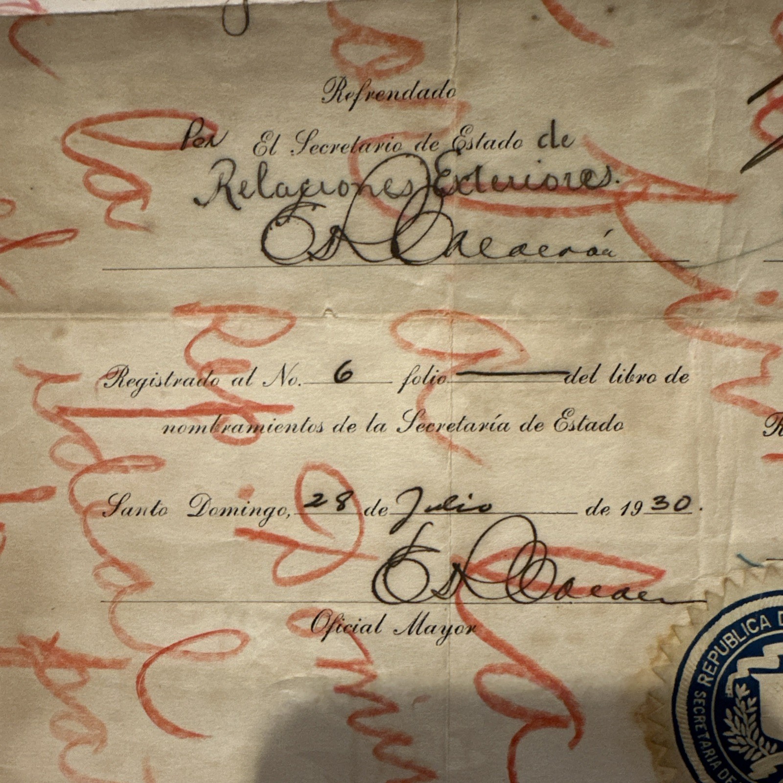 1930 Signed Document Rafael Estrella Ureña.