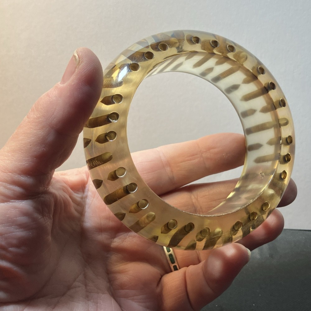 Lucite Clear Bangle Bracelet with Drilled Dot Pattern Translucent (heavy)