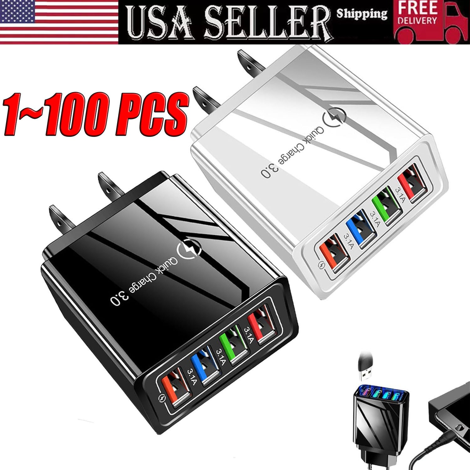 US 4 Port Fast Quick Charge QC 3.0 USB Hub Wall Home Charger Power Adapter Lot