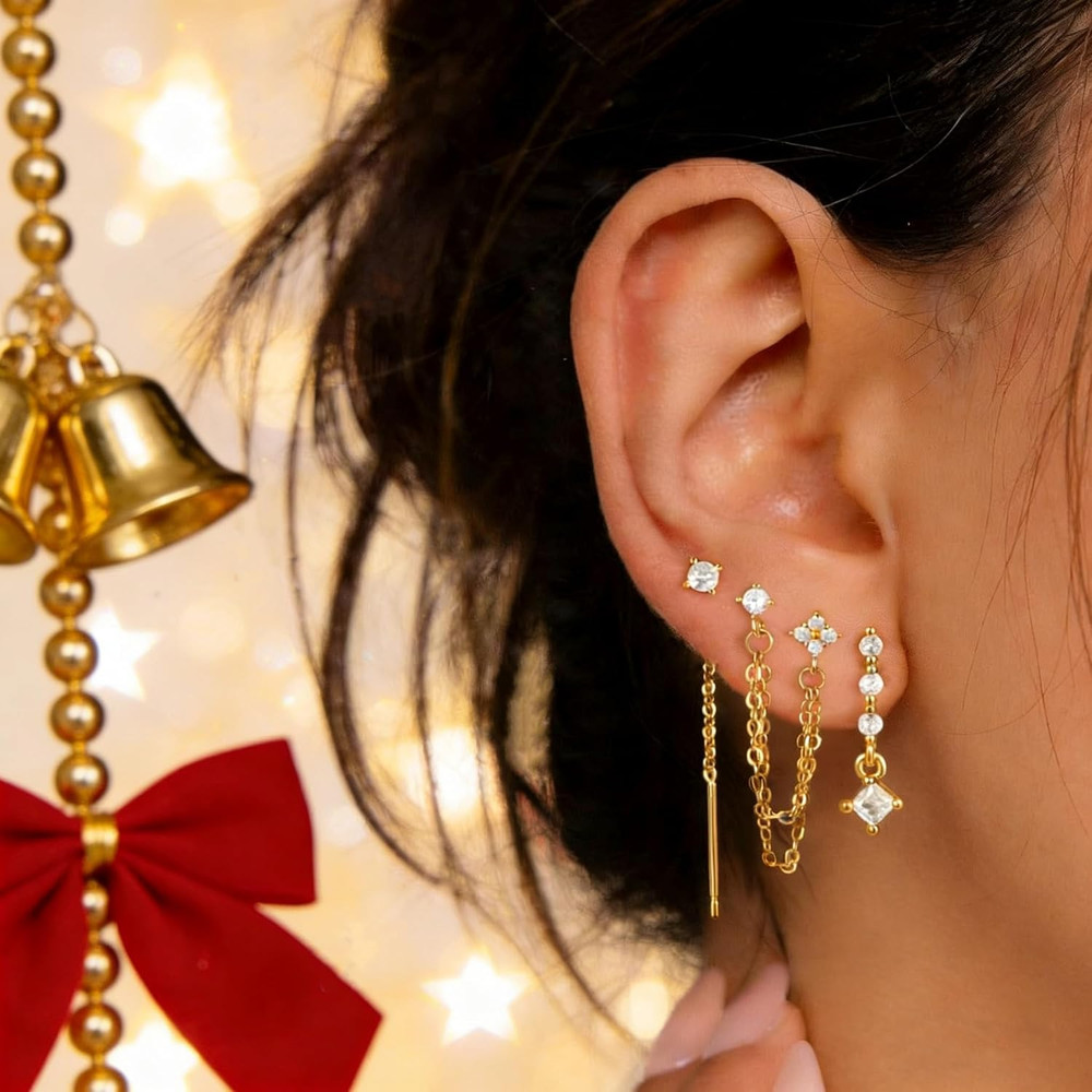 14K Gold Plated Dangle Earrings Set CZ Hoop Stud Stack
