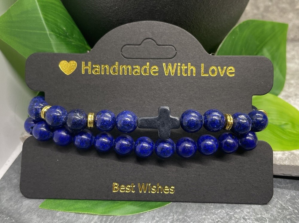 2 PC Handmade Beaded Stackable 6.5” Plus Stretch Bracelet Set Cross New B3708