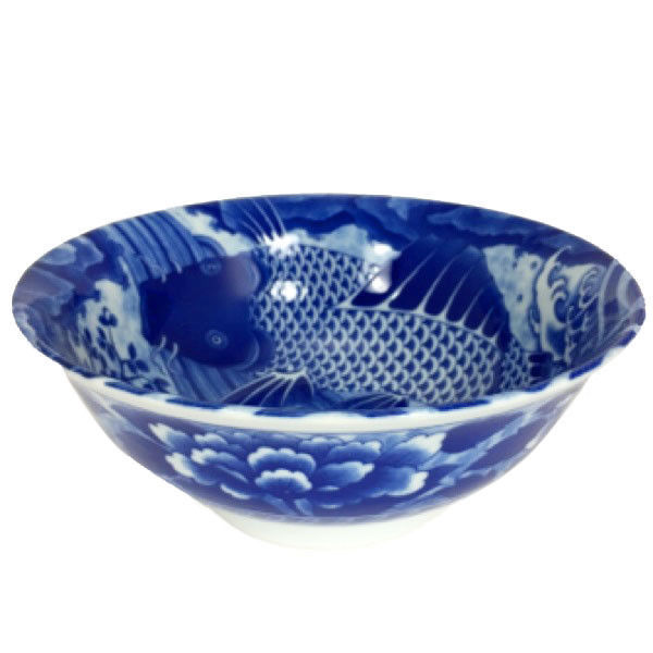 SET of 2 Japanese Ramen Soup Rice Bowl 8"D Porcelain Blue Koi Carp Made in Japan