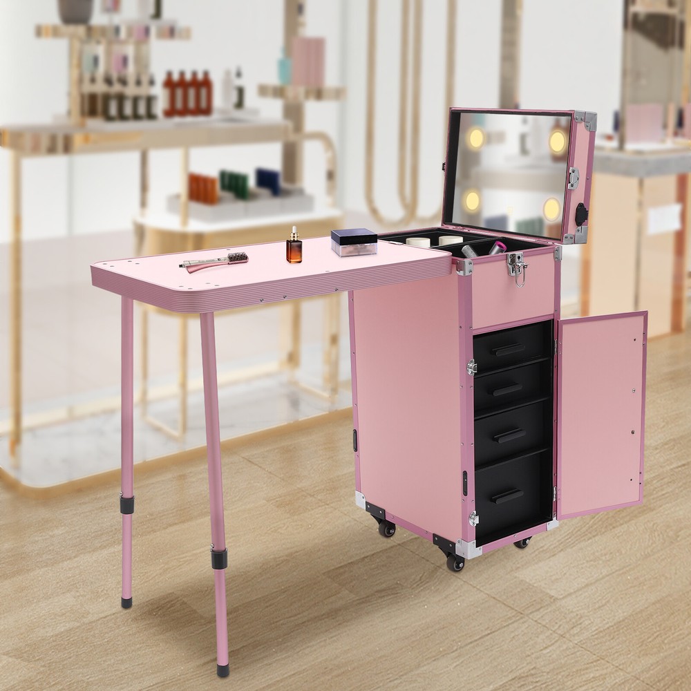 Nail Desk Mobile Station Rolling Makeup Train Case Manicure Table