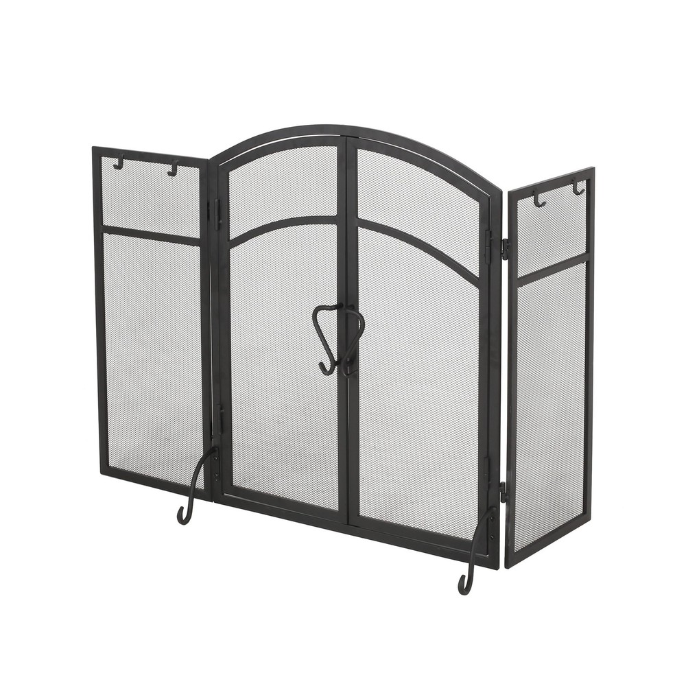 Modern 3 Panel Iron Folding Fireplace Screen with Doors and Tools Matte Black