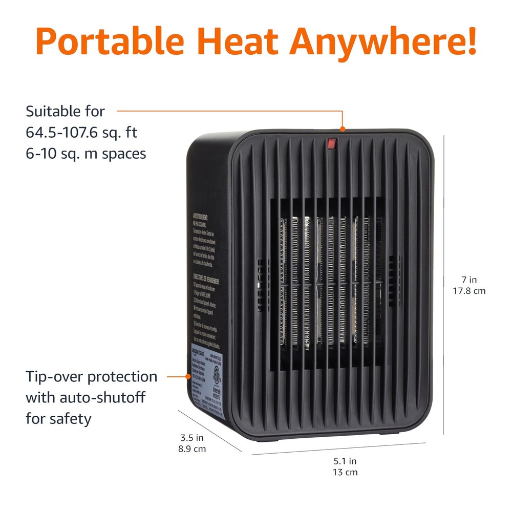 Amazon Basics Ceramic Space Heater, Electric, Indoor Use, 3 Heat Settings