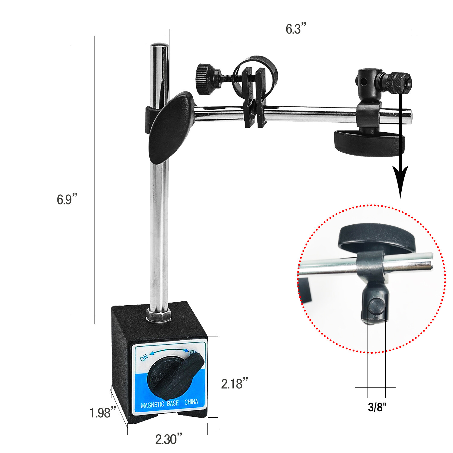 HFS Magnetic Base Stand 135lbs/60kg Max Pull Clamping Hole Diameter 3/8"