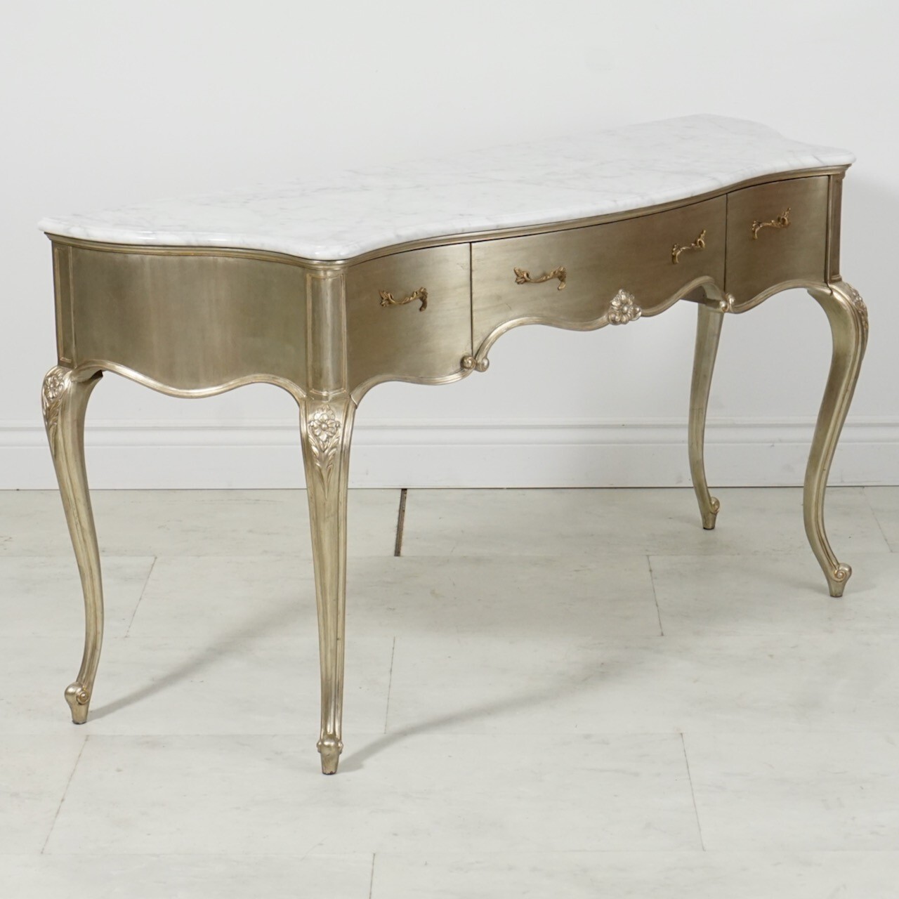 French Louis Vanity Make up Console Mahogany Silver Leaf White Marble