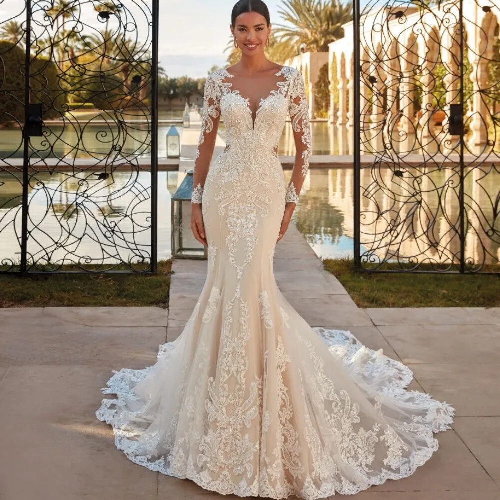 Elegant O-neck Mermaid Wedding Dresses Lace Appliques Long Sleeves Bridal Gowns