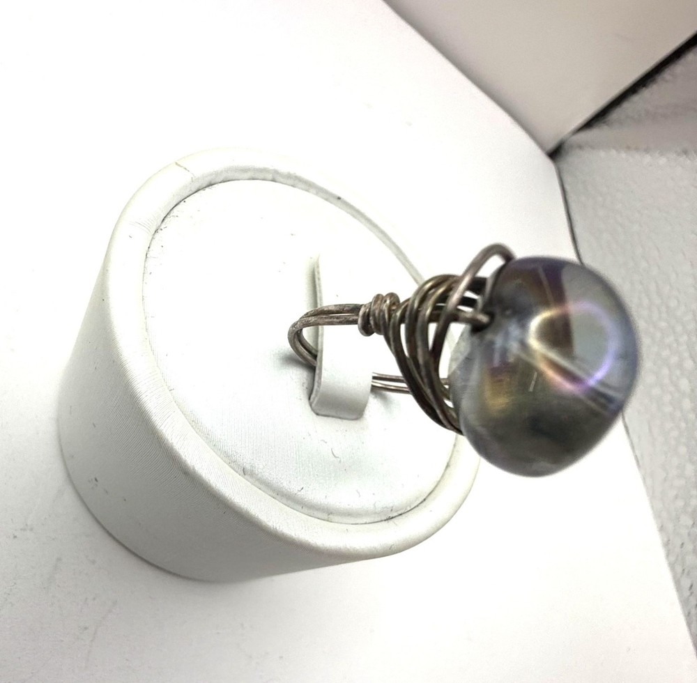 Handmade Wire Wrapped Ring Large Blue Glass Cabochon Artisan Statement Ring Size