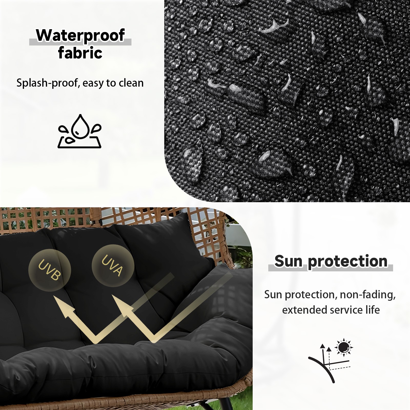 Double Egg Chair Seat Cushion w/ Pillows Waterproof Basket Chair Replacement Pad