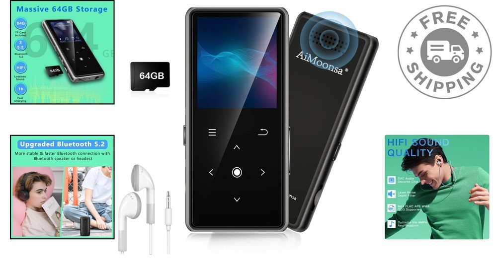 Compact 64GB MP3 Player with Touch Buttons, FM Radio & E-Book Function