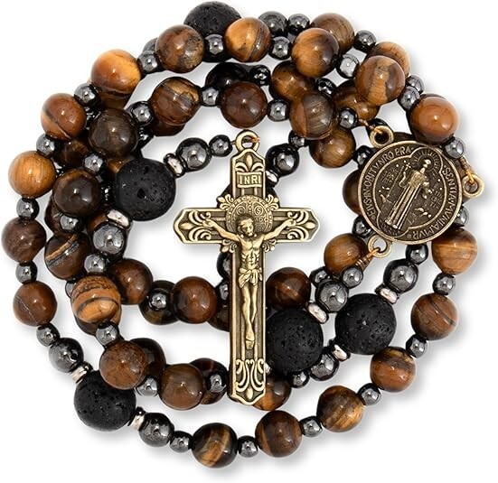 Brown Tiger Eye Rosary for Men with Lava Beads  St. Benedict & Cross Necklace