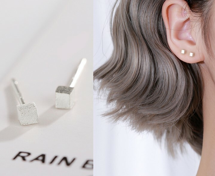 3mm Tiny Brushed Cube Square Stud Earrings 925 Sterling Silver Gift Box PE18