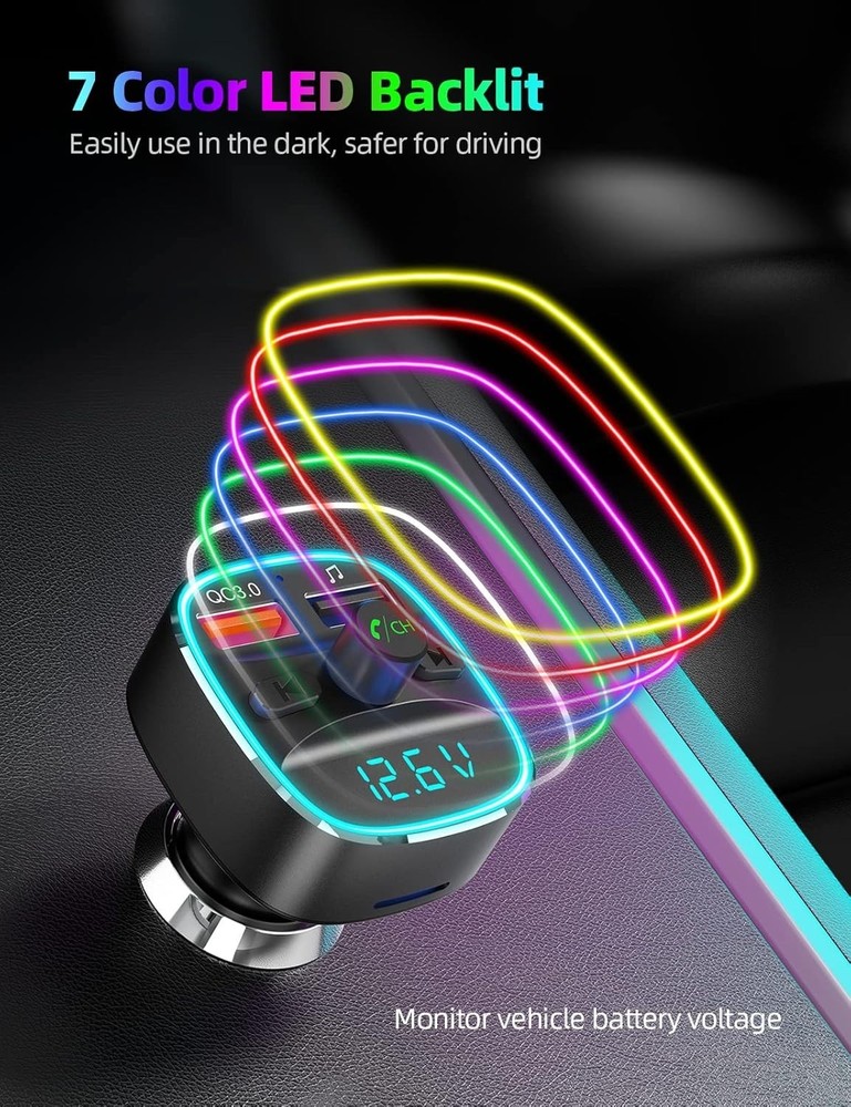 Bluetooth FM Transmitter with Dual USB Charger & 7 Color LED Backlight - Black