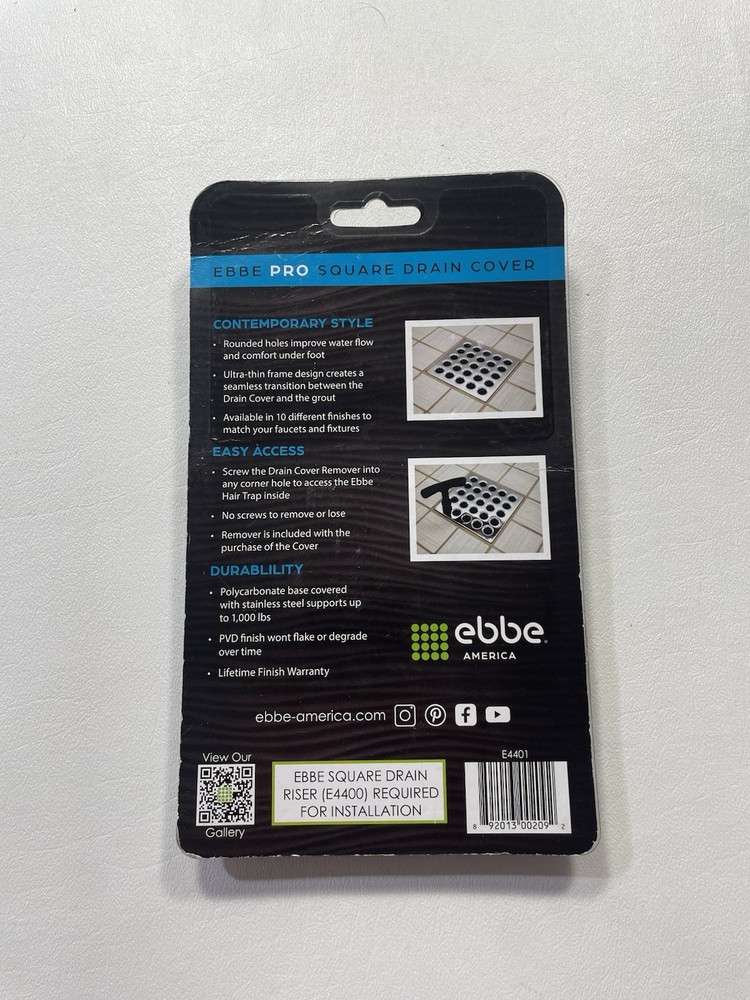 Ebbe-Pro Square Drain Grate E4401 Polished Chrome New In Package w/ Puller