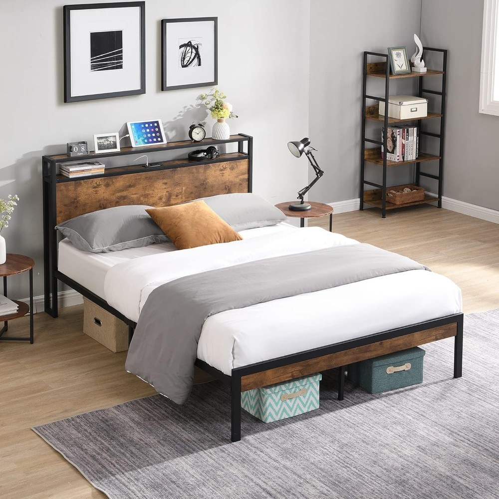 Full Size Metal Platform Bed Frame with Storage Headboard/USB Charging Station