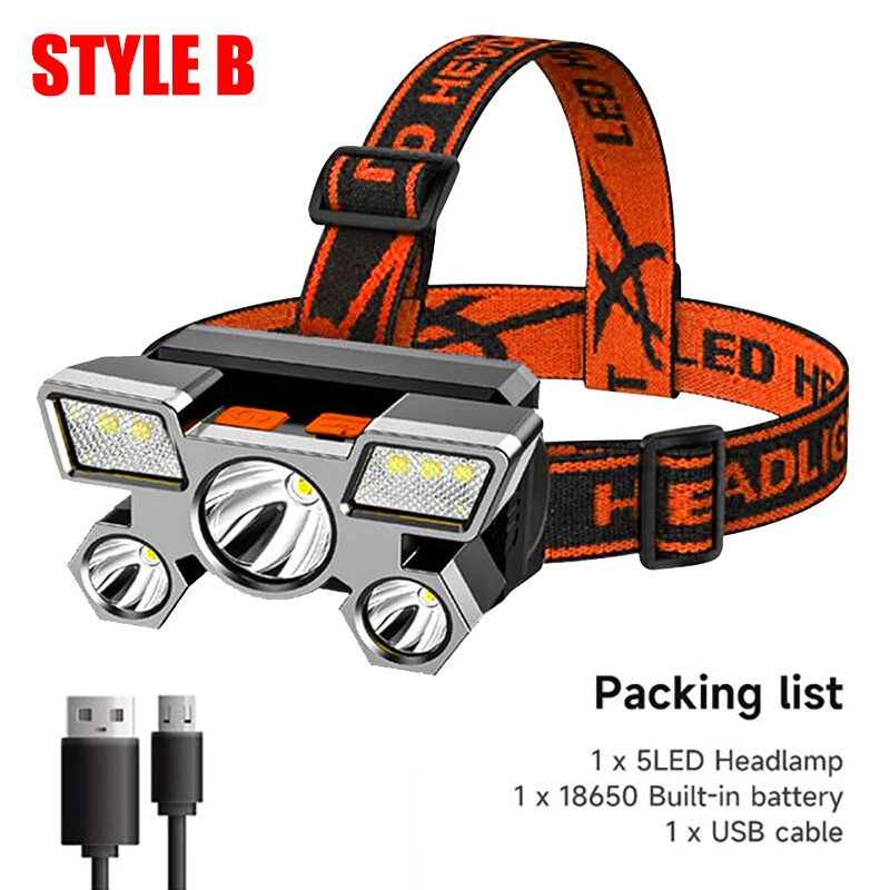 5 LED Headlamp Rechargeable with Built in 18650 Battery Strong Light Headlight C
