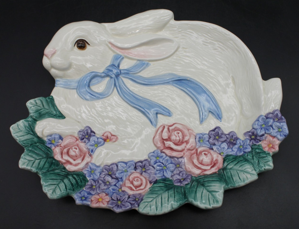 Fitz & Floyd 1993 Bunny Platter Easter Rabbit Floral Ceramic Canape Plate