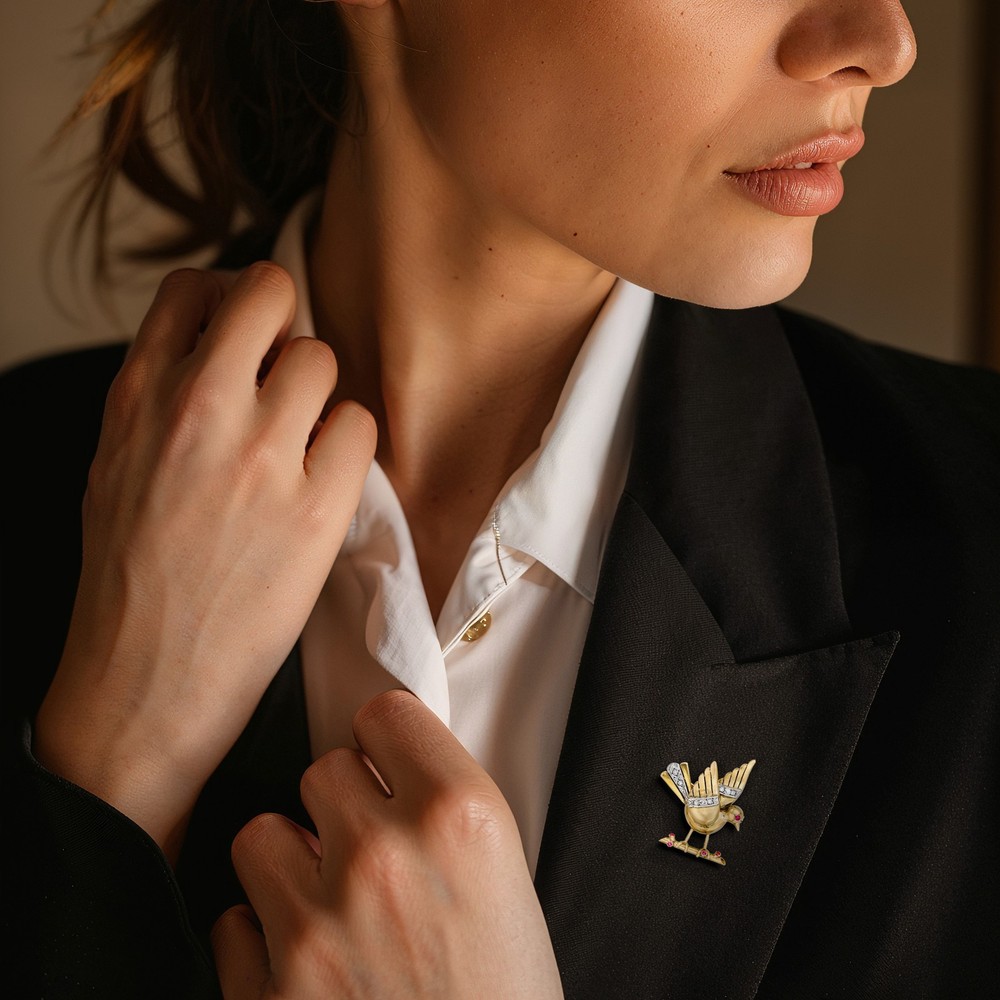Vint Synth Ruby Bird Pin w Diamonds in Platinum & 18k Gold