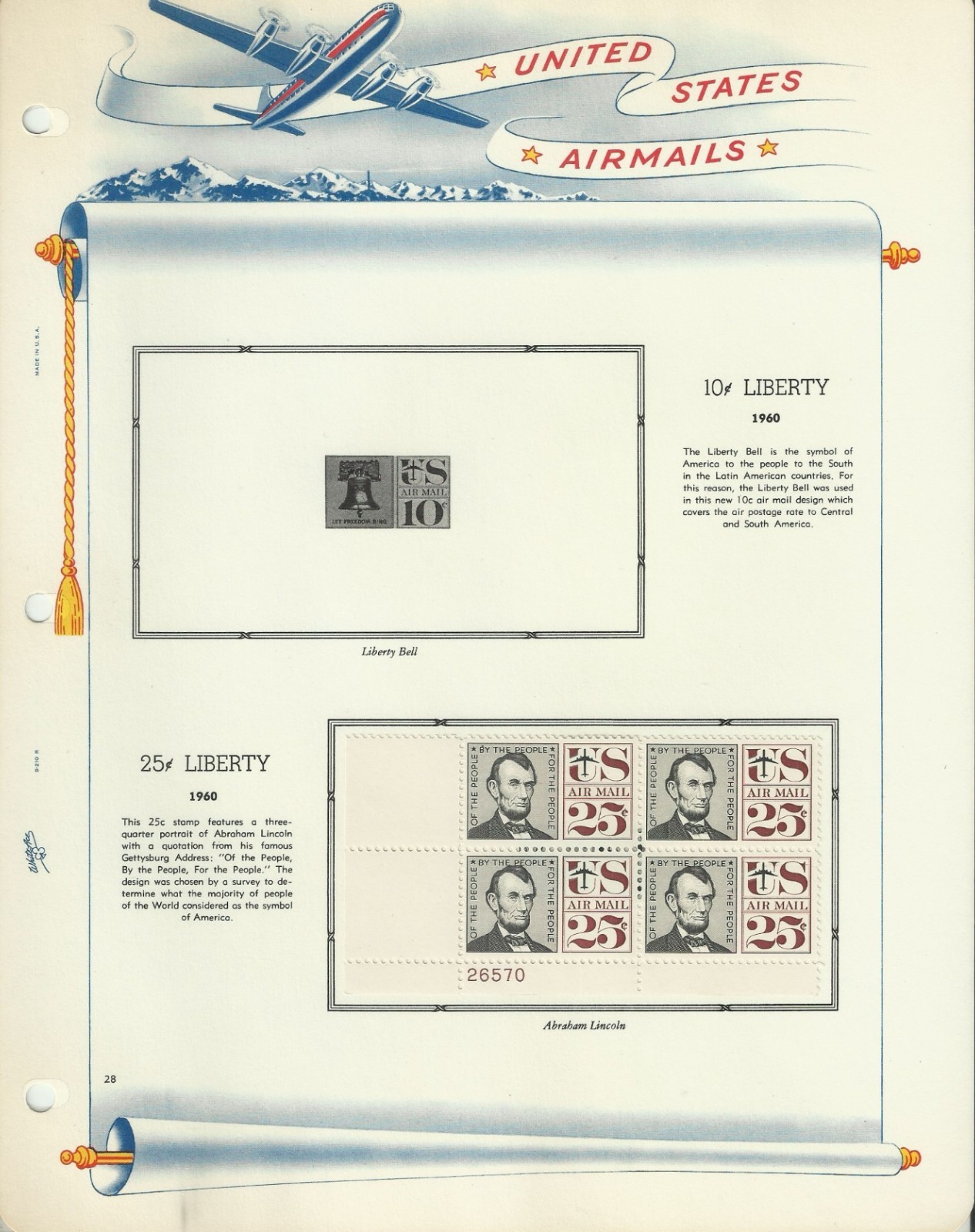 USA Stamps: Air Mail Plate Blocks & Singles on White Ace Album Pages. SCV $350+