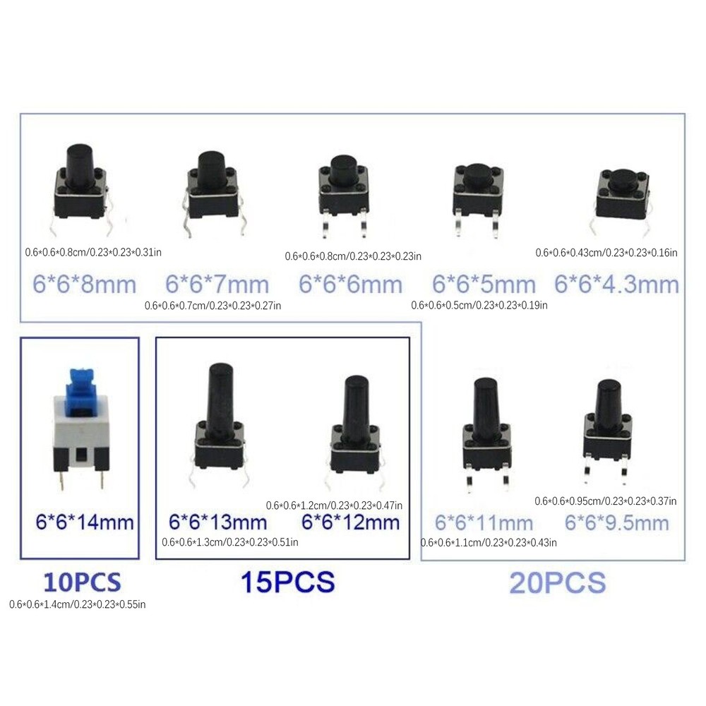 180PCS 10 Type 6X6 Light Touch Switch Push Button Switch Kit Assortment T2N9
