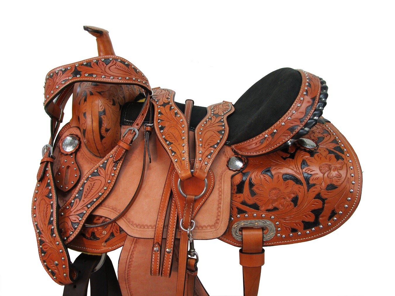 GAITED HORSE WESTERN SADDLE PLEASURE TRAIL BLACK TOOLED USED LEATHER 15 16 17
