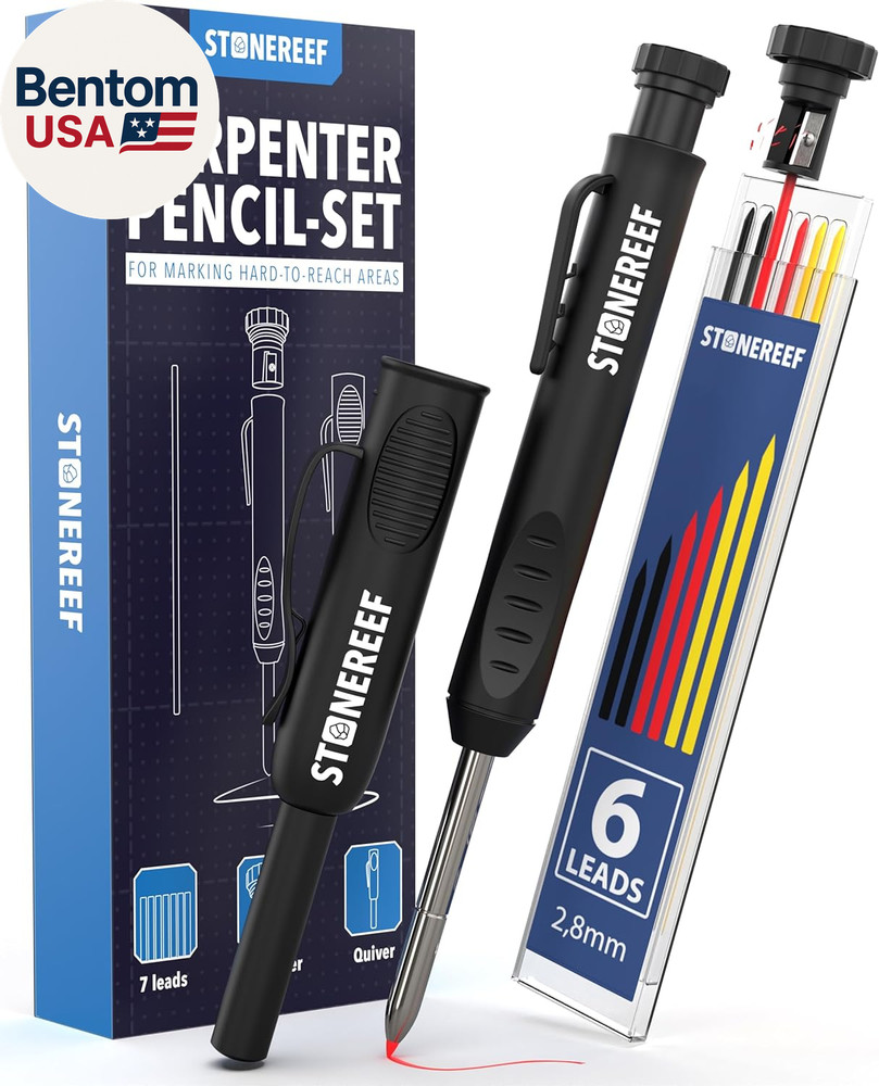 Carpenter Pencil Set with Sharpener & 7 Refills – Deep Hole Marker Mechanical Pe