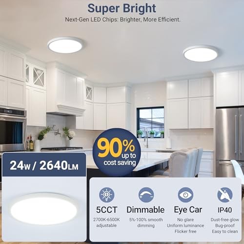 2640LM LED Flush Mount Ceiling Light, 24W Dimmable & 5 CCT 6 Pack White