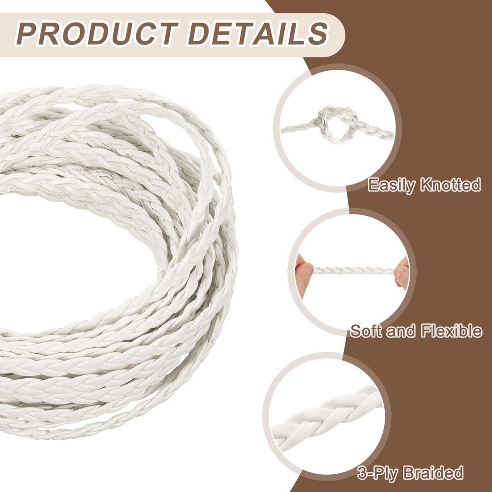 Braided Leather Cord, 5.5 Yards 5mm Flat Craft Leather String, White