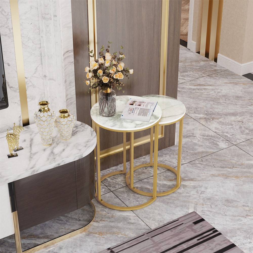 Real Marble 2 Pack Nesting Coffee Side Table Home Tea Desk Round Metal Stacking