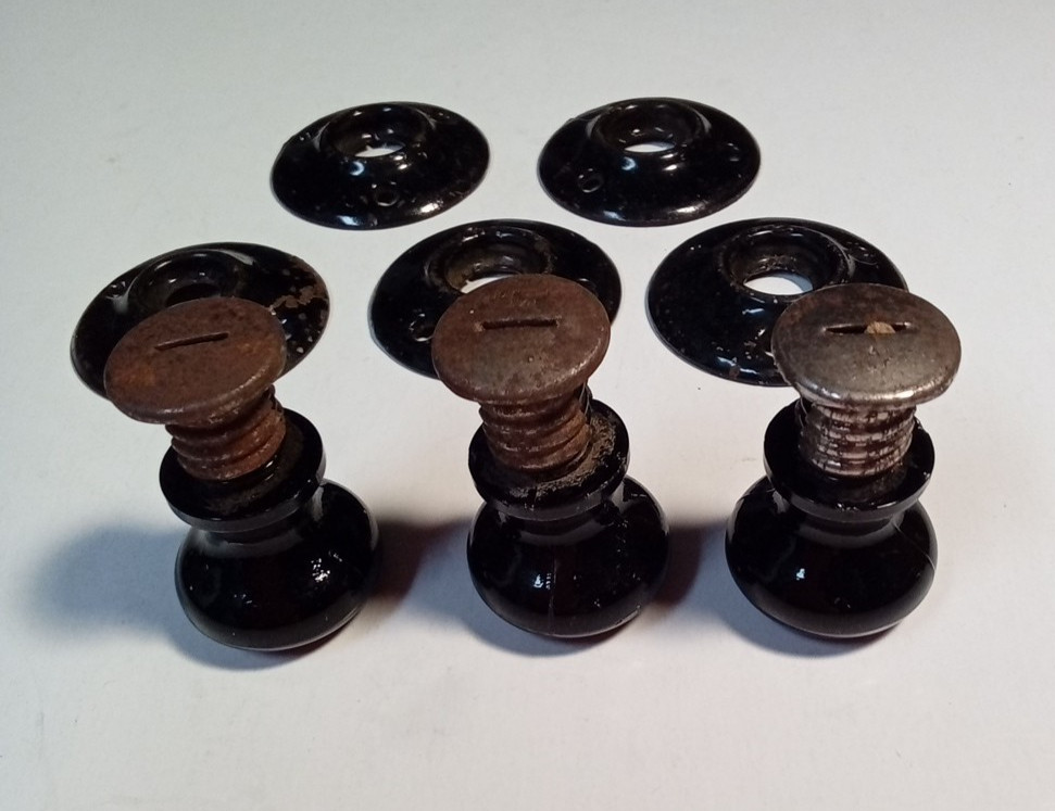 Black Porcelain (3) Drawer Pull Knobs (5) Door Rosette Plates Salvage