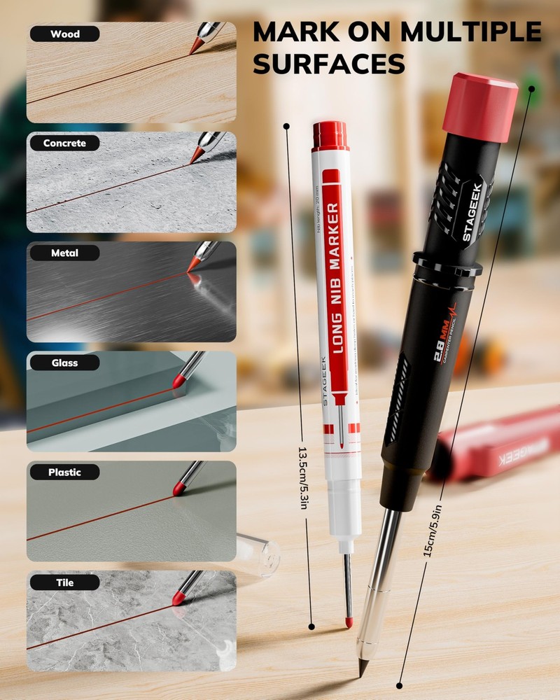 2 Pack Carpenter Pencils with Sharpener, Mechanical Carpenter Pencils
