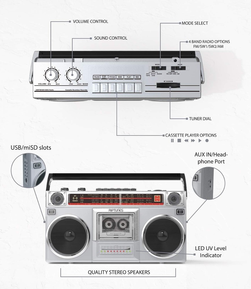 Retro Boombox Cassette Player Recorder Bluetooth USB SD MP3 Classic 80s Silver