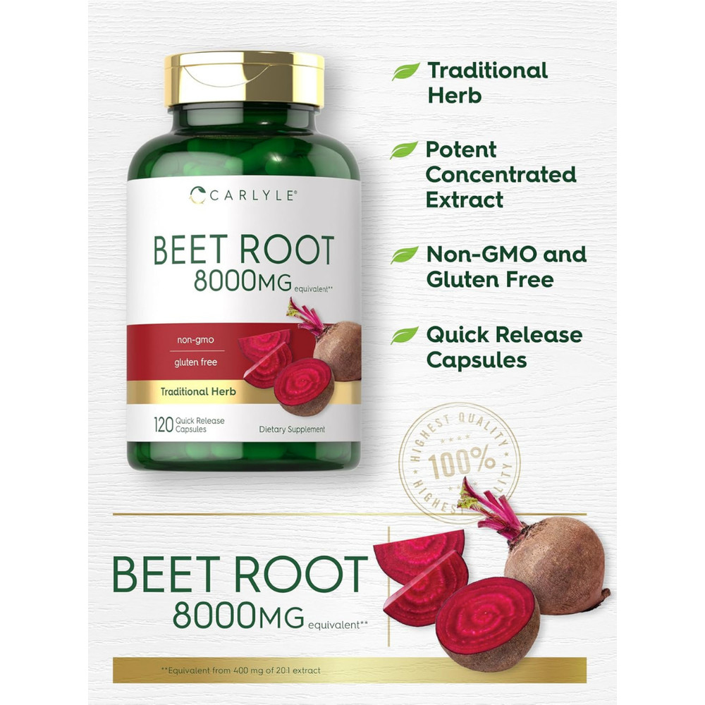 USDA Organic Extra Strength Beet Root 20:1 Extract 8000 mg Strength 120 Capsules