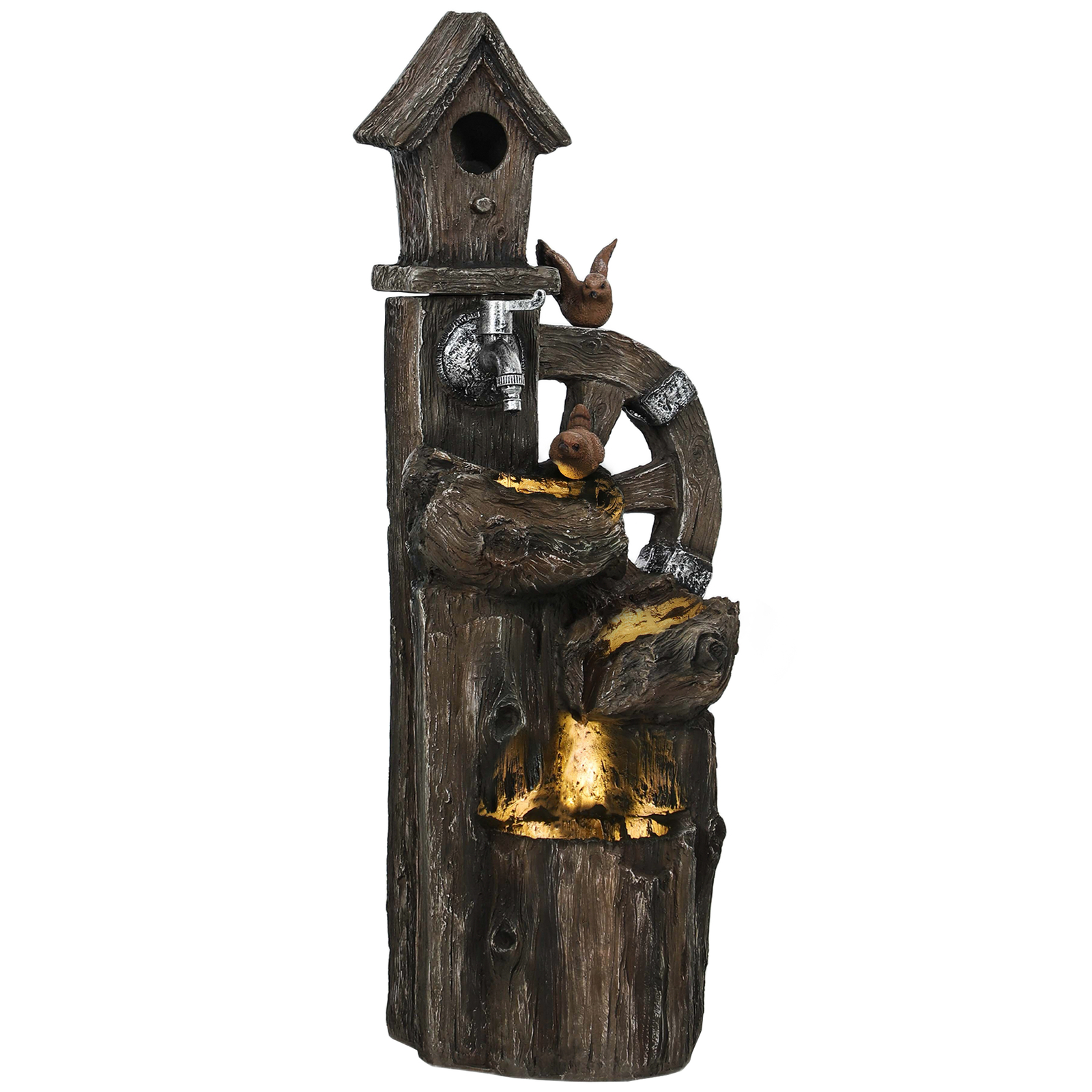 2-in-1 Outdoor Water Fountain Birdhouse Tree Trunk Water Feature