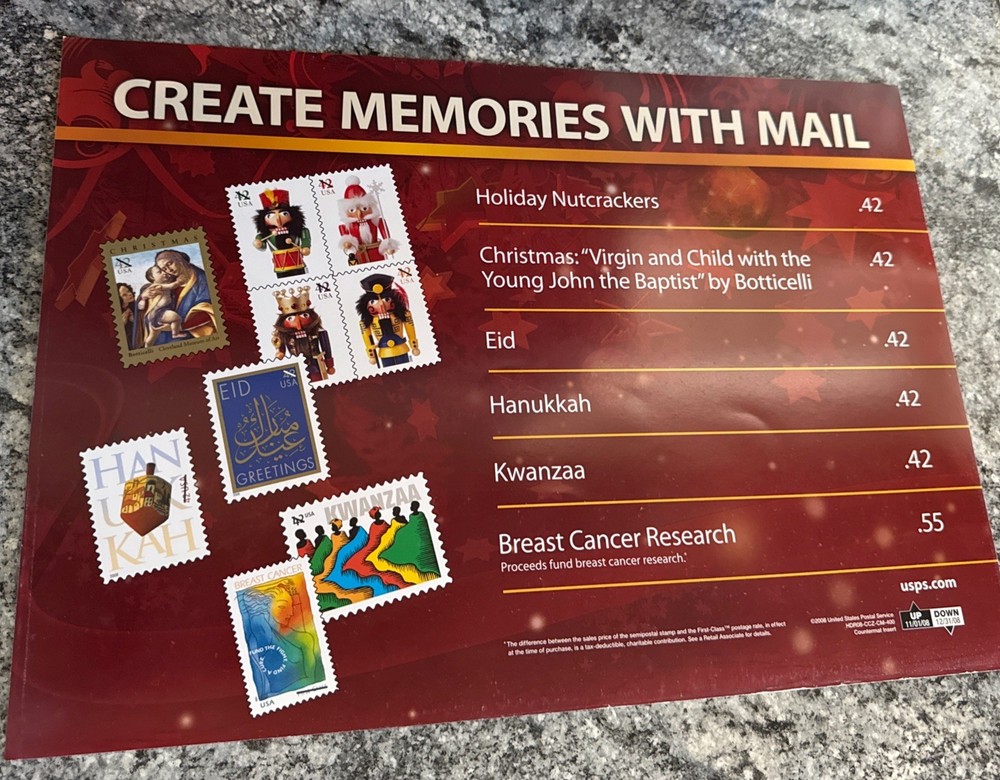 Vintage USPS POSTAGE STAMP Advertising Poster 16.5 X 14  2008 Holiday