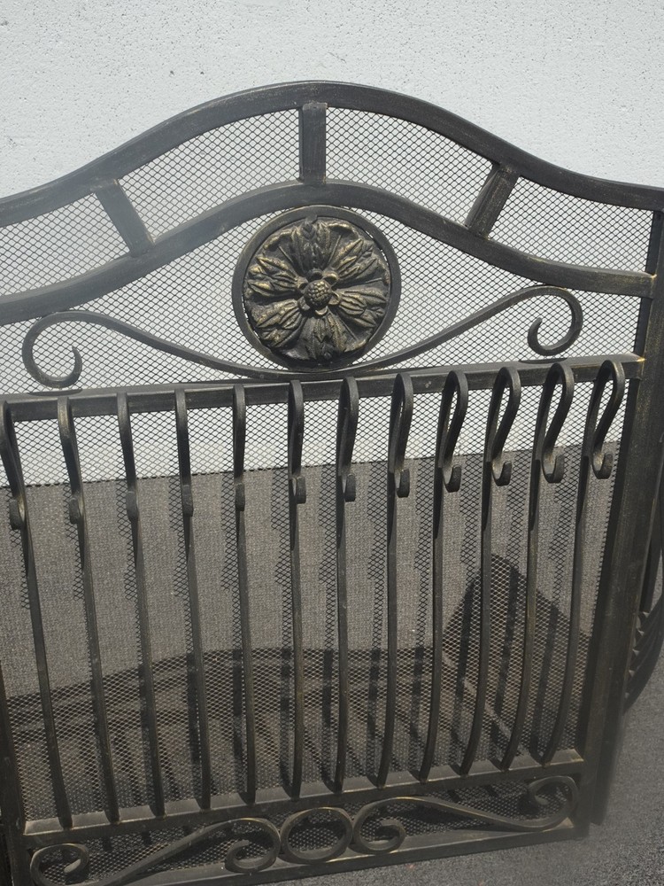Vintage Spanish Style Black Iron Three Panel Fireplace Screen