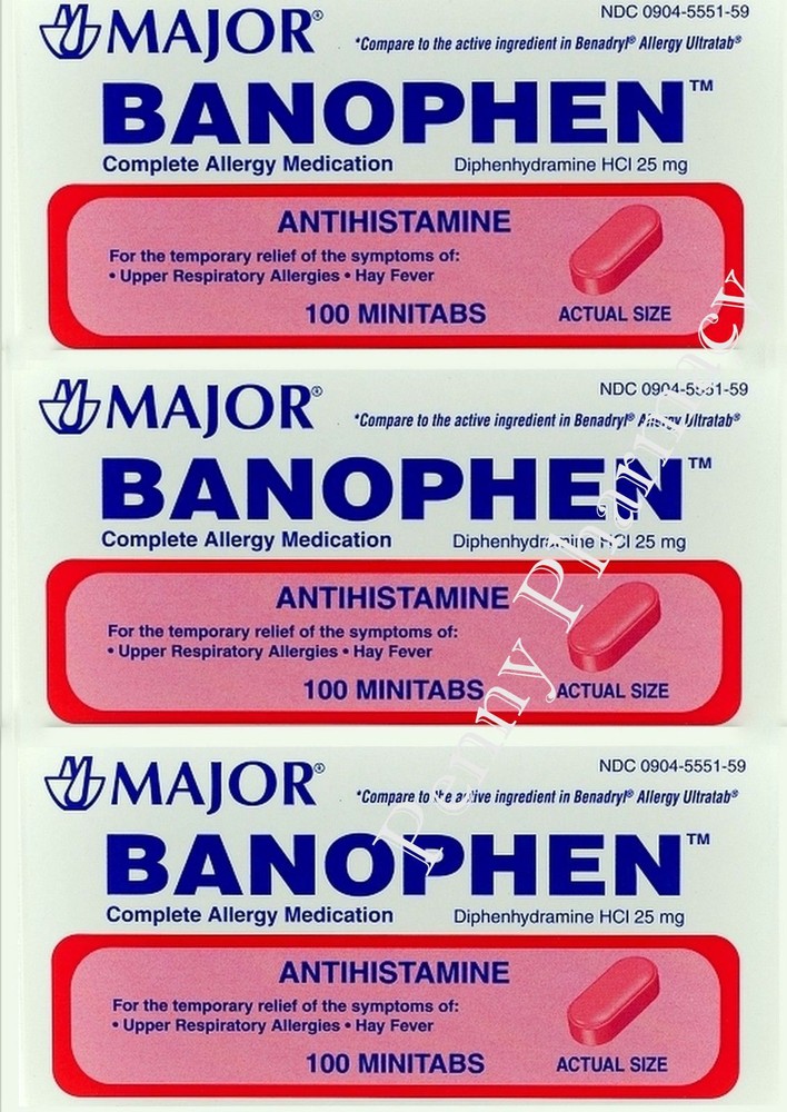 Diphenhydramine 25mg TABLETS 100ct BANOPHEN Minitabs ( 3 bottles ) ~