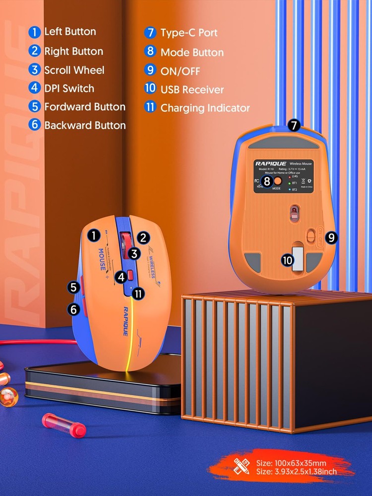 Bluetooth Wireless Mouse - BT1/BT2+USB Receiver Dual Mode Rechargeable Quiet ...