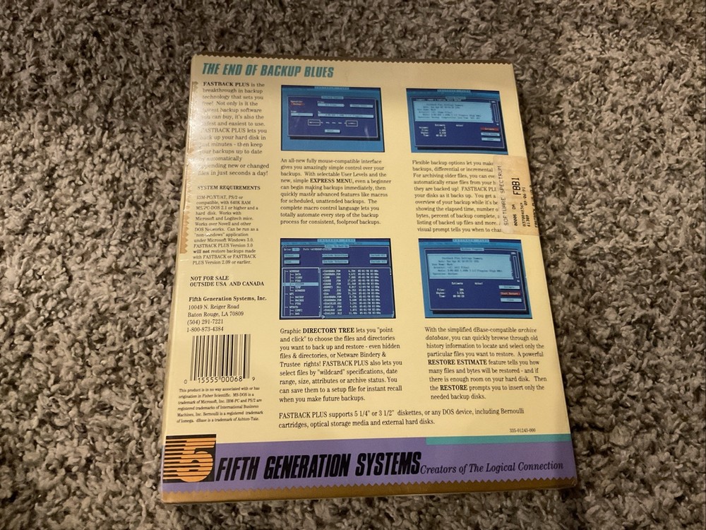 "NOS" Fastback Plus Version 3.0 IBM-PC XT AT PS/2 PC Computer Software Program